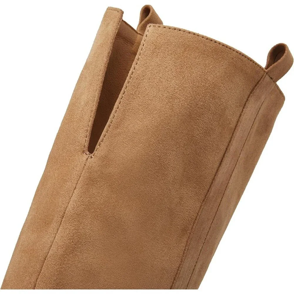 Womens Khaki Faux Suede Knee High Side Zipper Chunky Heel Winter Stretch Boots